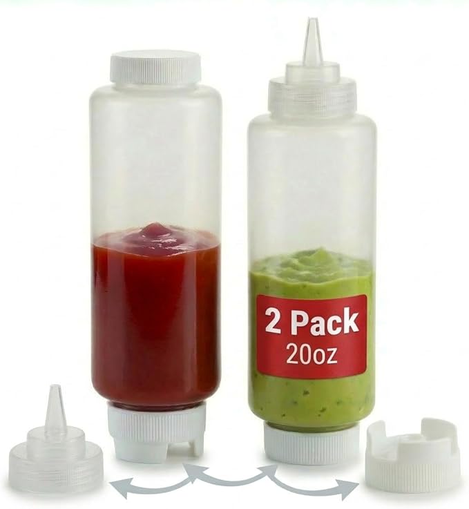 Squeeze Condiment Bottles - Squeeze Condiment Bottles for Sauces Commercial Grade Plastic Dispensers for Ketchup, Mustard, Sauces, Oils & Dressings - Easy Refill, Precision Nozzle (20 oz (2 Pack))