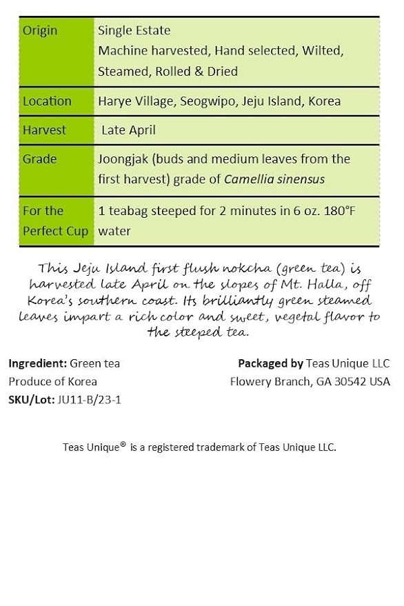 Teas Unique Korean Jeju Island First Flush Green Tea, 25 Tea Bags (50g)