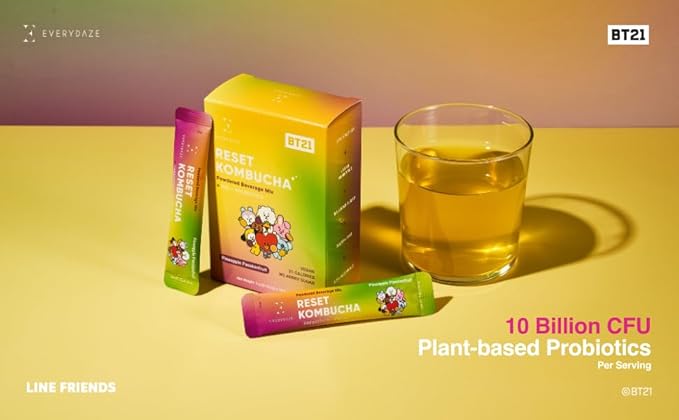 Everydaze BT21 Reset Kombucha Tea Powdered Beverage Mix | 10 Sticks | Prebiotics + Probiotics | Vegan | No Added Sugar, Gluten Free, Sparkling Powder Drink Pack (Pineapple Passion Fruit)