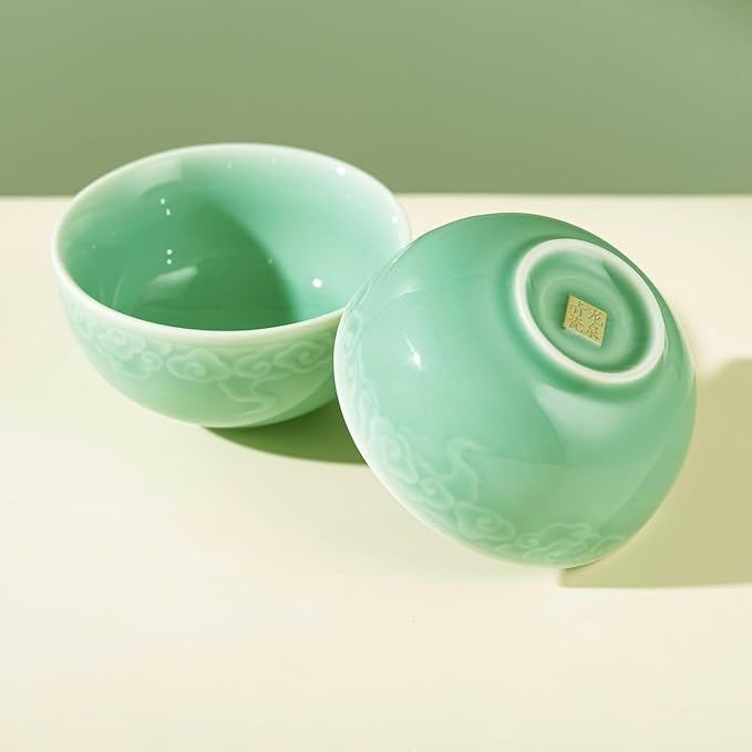 4.5" Green Porcelain Bowls Set of 2,Genuine Longquan Celadon 9.8 Oz Rice Bowls -Classic Cyan