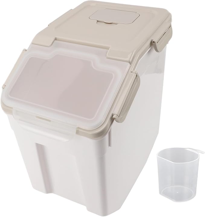 aqxreight Rice Storage Container with Airtight Lid for Kitchen – Thickened PP Grain Bin with Measuring Cup, Compatible with Rice, Flour, and Dry Goods, Beige