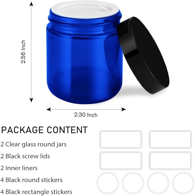 4 oz Glass Jars with Lids, Tecohouse Blue Glass Jars with Black Lids & Inner Liners, Mini Travel Sample Containers for Slime, Makeup, Cream, Lotion, Cosmetic - 2 Pack