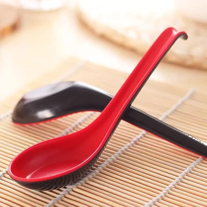 12 Pack - Red and Black 6.5-inch Asian Soup Spoon with Hook– Fuji Chinese Japanese Korean Style Spoon, Perfect for Melamine Won Ton Rice Pho Soba & Ramen Noodle Soups