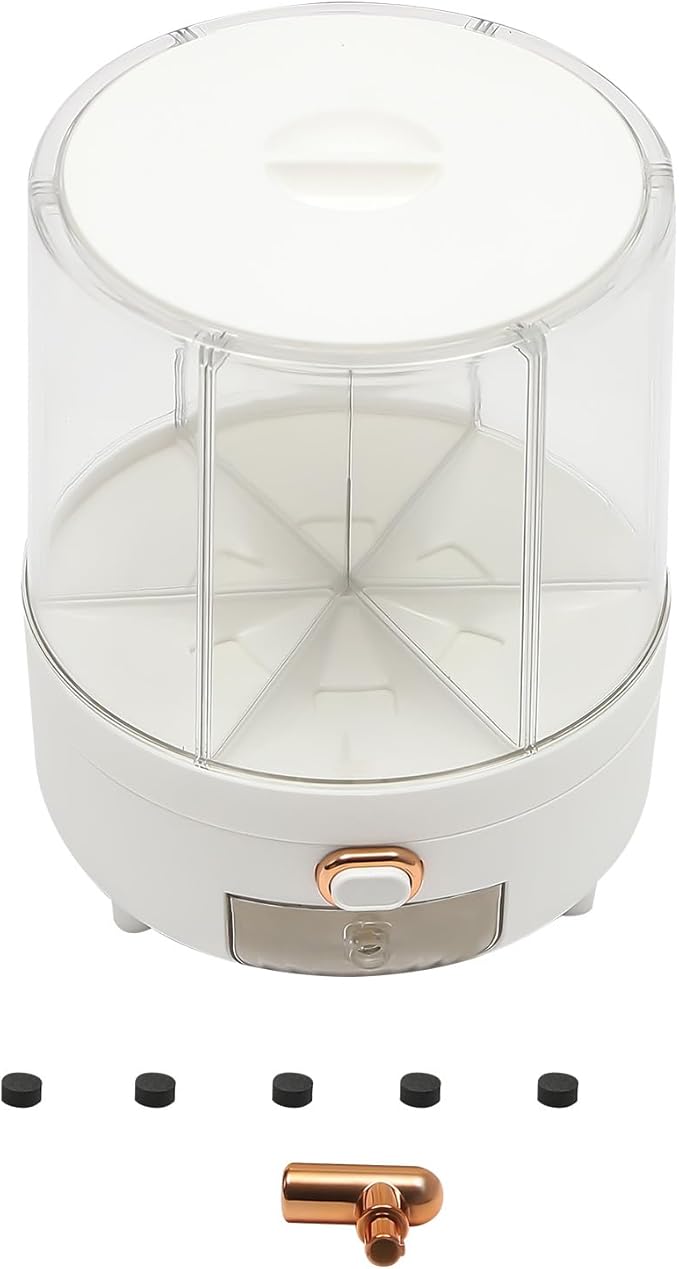 Rice Dispenser, 6 Grid 360° Rotating Cereal Dispenser Rice Container Holder with Lid, Grain Storage Organizer for Kitchen Countertop Dry Food, White, 14.3lbs