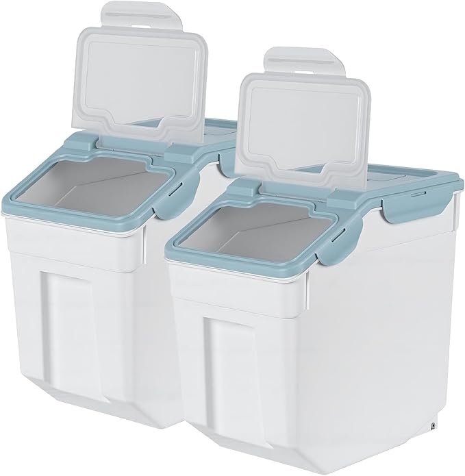 2 Pack 55 Lbs Airtight Rice Storage Container, Large Pantry Bin with Locking Lid & Wheels, Food-Grade PP Dry Goods Dispenser with Measuring Cup for Flour Grain Cereal Pet Food Kitchen Organization Bl