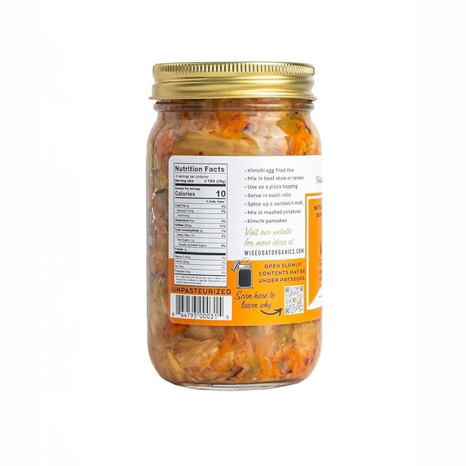 Certified Organic, Raw, Vegan Kimchi - High in Probiotics - Vegan/Paleo/Keto Friendly 16oz Glass Jar - Wise Goat Organics