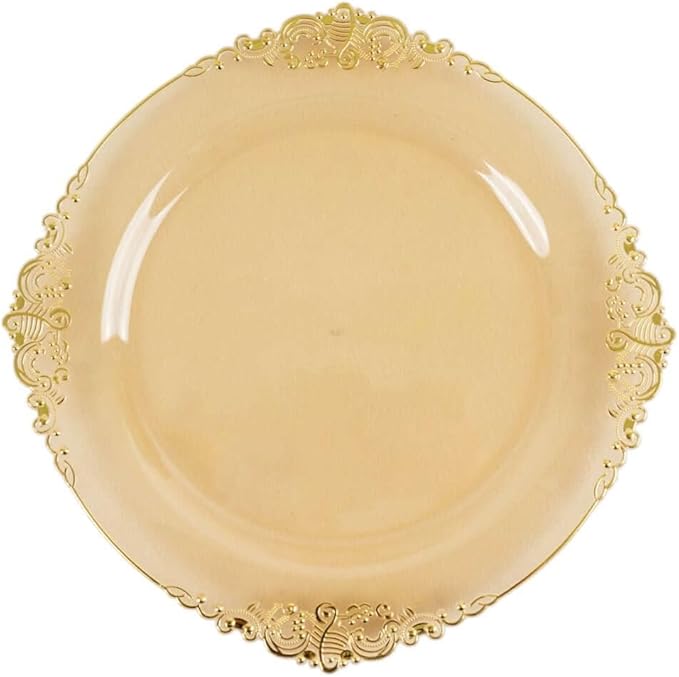 Efavormart 10 Pack | 8" Translucent Gold Baroque Dessert Plates, Leaf Embossed Metallic Rim Shatterproof Appetizer Plates for Festive Cocktail Hours