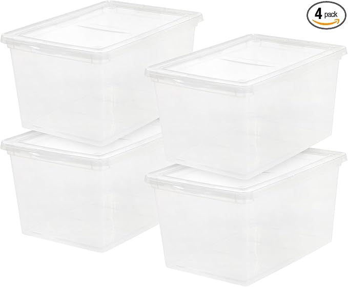 IRIS USA 4-Pack Storage Bins with Lids, 58 Quart, Clear Stackable Containers Box Organize Shoes Closet Shelves Clothes Blankets Towels - BPA-Free Plastic