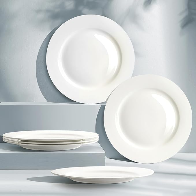 IQCWOOD Fine Bone China Dessert Plates 6-Piece, 8-inch Salad Cake Side Plate, Pure White Fine Glaze, Thin & Lightweight, Microwave & Dishwasher Safe