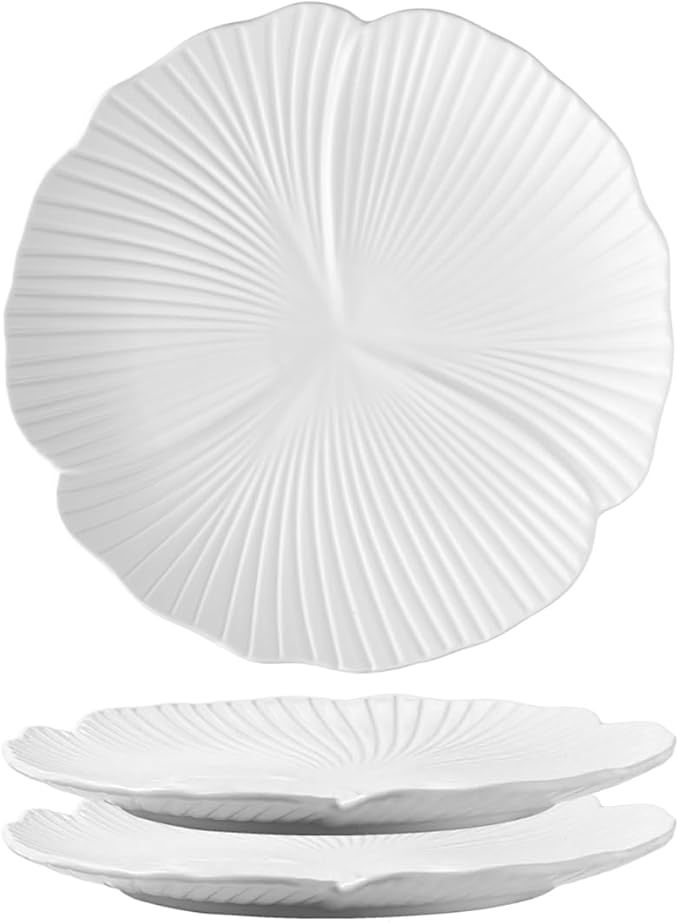 Jusalpha Set of 3-Japanese Style Flower Petal Shaped Porcelain Dinner Plates, Versatile Circular Serving Plates for Breakfast, Salad, Steak Dinner, PL019 (Flat plate, 10'', White)