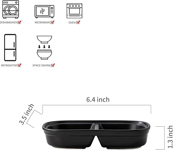 2PCS Ceramic Dishes, Ceramic Dish Stainless Steel Soy Tomato Sauce Salt Vinegar Sugar Spices Flavor Condiment Dip Bowls Korean BBQ Home Kitchen Plates (2 Grids Black)