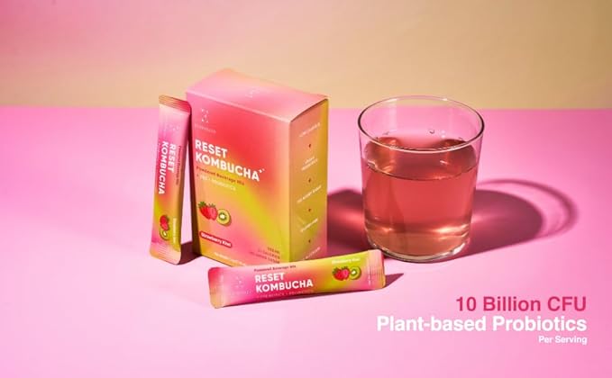 Everydaze Reset Kombucha Tea Powdered Beverage Mix | 10 Sticks | Prebiotics + Probiotics | Vegan | No Added Sugar, Gluten Free, Sparkling Powder Drink Pack (Strawberry Kiwi)