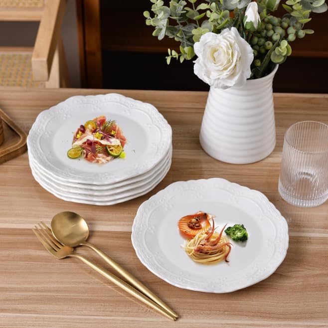 10 Inch Porcelain Dinner Plates Set of 6,Serving Dishes,White,Embossed,Heat Resistant,Scratch Resistant,Highly Glossy Glaze,Dishwasher safe,Microwave safe (Picapica 10'')