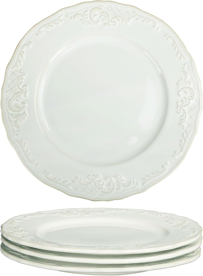 Ceramic dinner plate set (4 pieces), ceramic dinner plates, embossed salad plates, kitchen porcelain tableware, microwave/oven/dishwasher safe, scratch resistant. (off-white1)