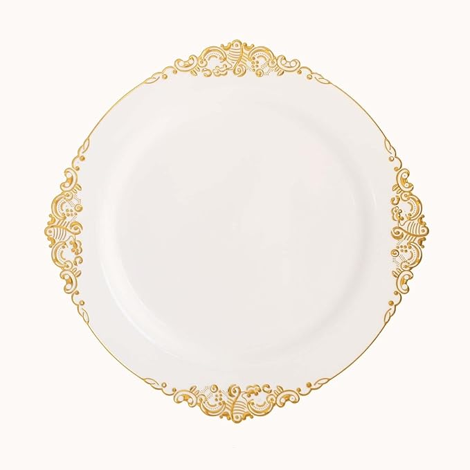 Efavormart 10 Pack | 10" White and Gold Baroque Dinner Plates, Leaf Embossed Metallic Rim Heavy Duty Serving Plates for Formal Wedding Banquets