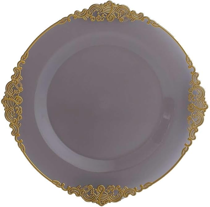 Efavormart 10 Pack | 8" Translucent Black and Gold Baroque Dessert Plates, Leaf Embossed Metallic Rim Heavy Duty Appetizer Plates for Edgy Social Events