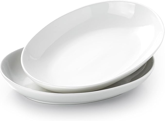 14 Inch Oval Serving Platters Set of 2, Large Wide Ceramic Serving Platter, White Porcelain Serving Trays for Entertaining, Turkey, Steak, Appetizers, Pasta, Salad