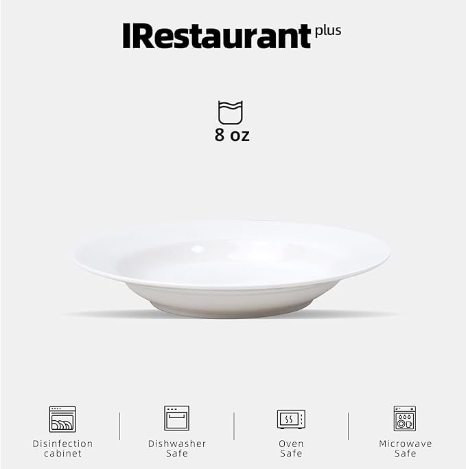 Wide Rim Bone China Commercial Grade Restaurant Elegance White Soup Plate 8" /Pasta Bowl 8oz, Case of 12