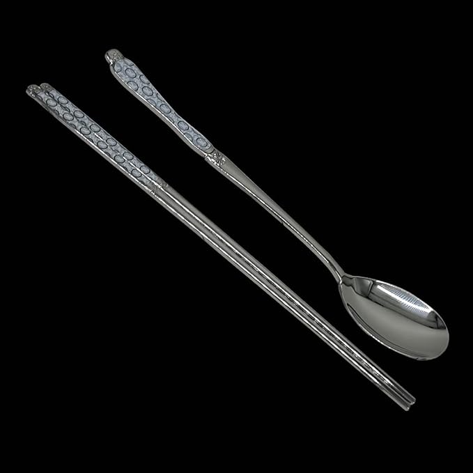 Goryeo Celadon Design Korean Table Sticky Rice Spoon and Chopsticks 430 Stainless Steel Glossy Surface Mukbang Cutlery (White, 5 Sets)