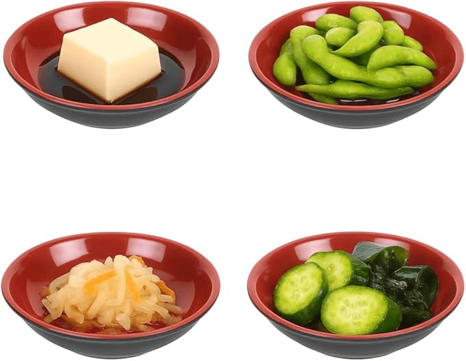 JapanBargain, Set of 4 Dipping Bowls, 3.75" Round Sauce Dishes, Black & Red Melamine Seasoning Bowls for Soy Sauce, Wasabi, Appetizers, Condiments, Small Snack/Side Dish Plates for Home & Restaurant
