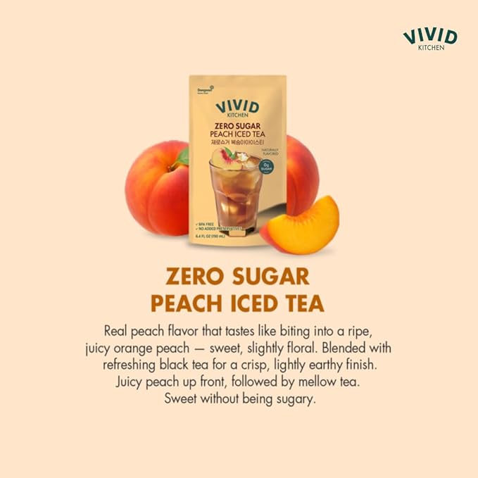 VIVID KITCHEN Peach Iced Tea Pouch Drinks – Zero Sugar, Zero Calories | Korean Convenience Store Drink | No Artificial Preservatives or Corn Syrup | 6.4 fl oz (10 Pouches) (10 Pouch, Peach Iced Tea)