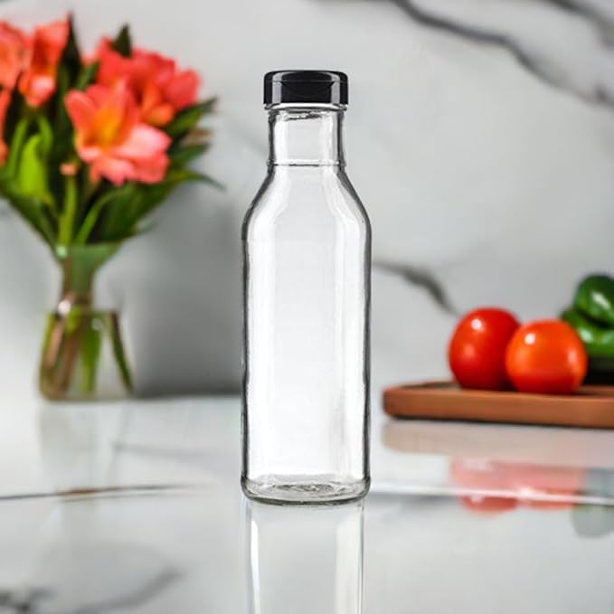 JUVITUS 12 oz Professional Clear Glass Thick Wall Sauce Bottle with Drip Resistant Flip Top Cap (4 Pack) for BBQ Sauce, Salad Dressings, more