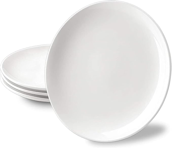 DELLING 10 Inch White Dinner Plates Set of 4, Porcelain Round Plates - Microwave, Dishwasher Safe & Chip Resistant - Elegant Serving Plates for Everyday Dining, Holiday, Party