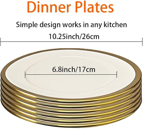 Dinner Plates, Set of 6, 10 inch,White Porcelain with Gold Trim，Appetizer Plates,Ceramic Round Dessert Serving Plates for Bread, Salad, Snack and Finger Food,Elegant Ceramic Dinner Plates