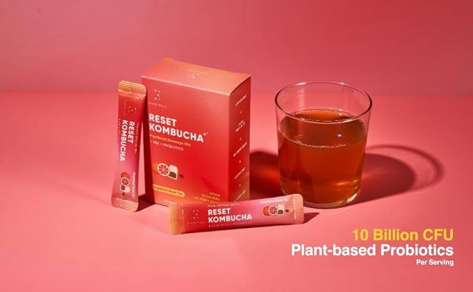 Everydaze Reset Kombucha Tea Powdered Beverage Mix | 10 Sticks | Prebiotics + Probiotics | Vegan | No Added Sugar, Gluten Free, Sparkling Powder Drink Pack (Grapefruit Black Tea)