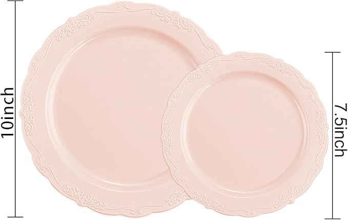 U-QE 100PCS Mauve Pink Plastic Plates - Heavy Duty Pink Disposable Plates for Mothers Day, Party, Baby Shower, Wedding - Serving 50 Guests Include 50PCS 10'' Dinner Plates & 50PCS 7.5'' Dessert Plates