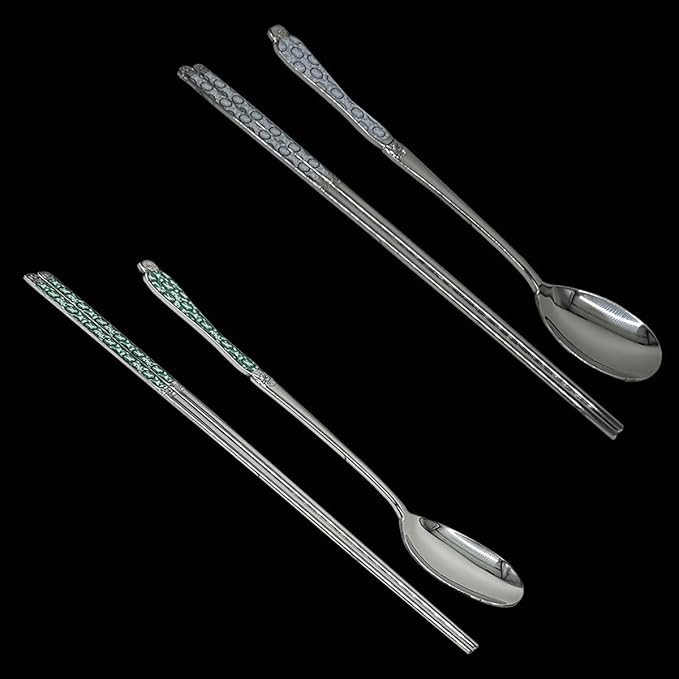 [Made in Korea] Goryeo Celadon Design Korean Table Sticky Rice Spoon and Chopsticks 430 Stainless Steel Glossy Surface Mukbang Cutlery (White and Blue)