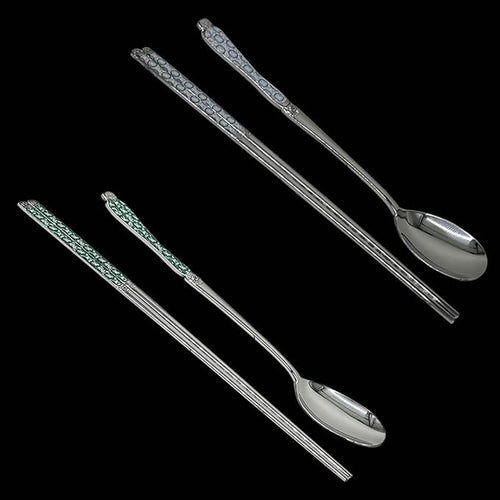 [Made in Korea] Goryeo Celadon Design Korean Table Sticky Rice Spoon and Chopsticks 430 Stainless Steel Glossy Surface Mukbang Cutlery (White and Blue)