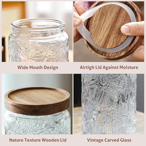 24 OZ Airtight Glass Storage Jar with Bamboo Lid - Vintage Glass Jar Vintage Food Containers Canisters Set for Kitchen Counter & Pantry - Ideal for Sugar, Flour, Coffee, Tea, Candy, Oats -3 Pack