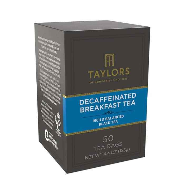 Taylors of Harrogate Decaffeinated Breakfast, Black Tea, Pillow Bags, 50 Count (Pack of 6), Rich, Bright & Balanced, Decaffeinated, Enjoy Hot or Iced, 300 Teabags Total