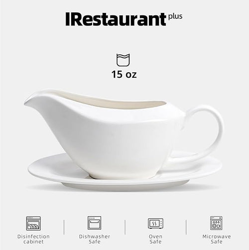 Bone China Wide Rim Commercial Grade Dinnerware Gravy Boat with Dish, Case of 6sets