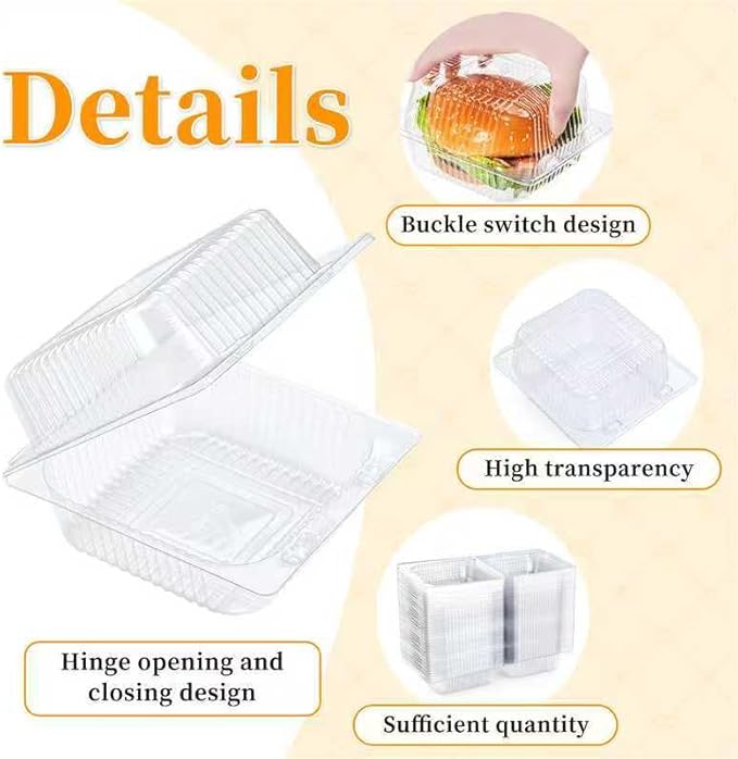 Evnlo 100 Count Clear Plastic Containers with Lids for Food, Thickened Disposable Sandwich Containers Clamshell Boxes for Cake Slice, Dessert, Hamburger, Salad, Pastry, Fruits, Takeout Tray