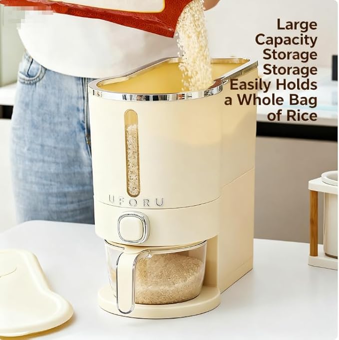 Rice Bucket With Measuring Cup,Kitchen Grain Storage Dispenser,Pantry & Home Dry Goods Container (11-Pound)