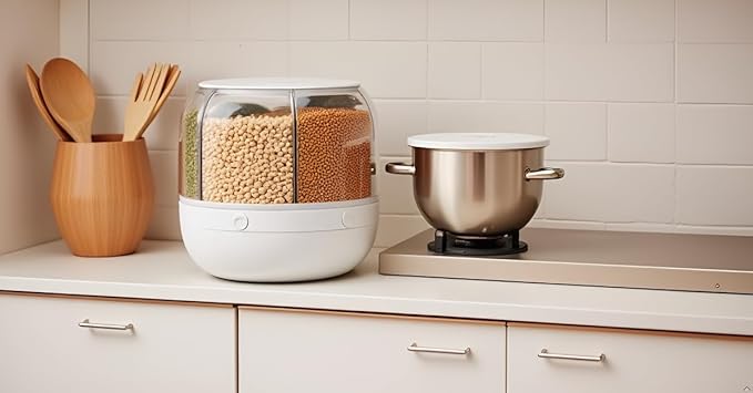 13Lbs Medium Grain dispenser 360°Rotating Rice Food Dispenser 6 Grids rice container rotatable Beans Containers Storage with Sealed lid for Peanut Barley Millet and Cereal