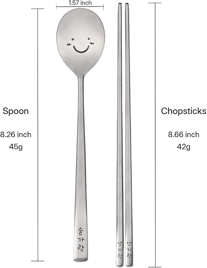 Korean Smiling Spoon and Chopsticks Set, Hangul Engraved Stainless Steel Tableware, Gift Ready Palace Inspired Box