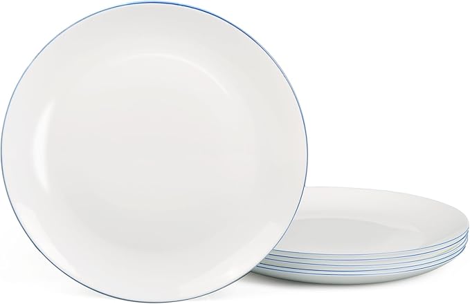 LaGlint 8.5 inch Salad Plate Set of 6, Lightweight Opal Glass Round White Plates for Appetizer Dessert Kitchen, Dishwasher and Microwave Safe, Hand Painted Navy Blue Rim