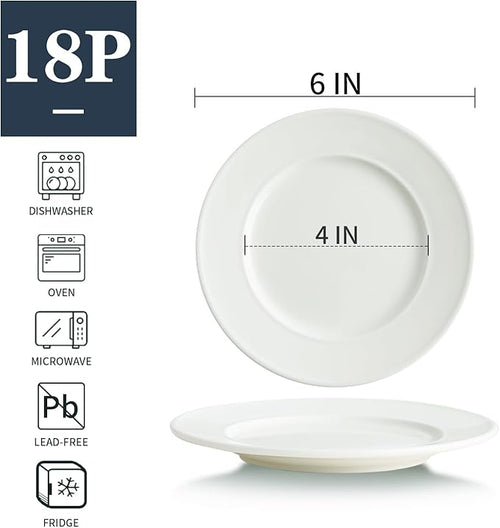 Dessert Plates Set of 18, 6 Inch Small Round Porcelain Appetizer Dinner Plate, White Ceramic Serving Dishes for Cake, Ice Cream, Snacks,Microwave, Dishwasher & Oven Safe