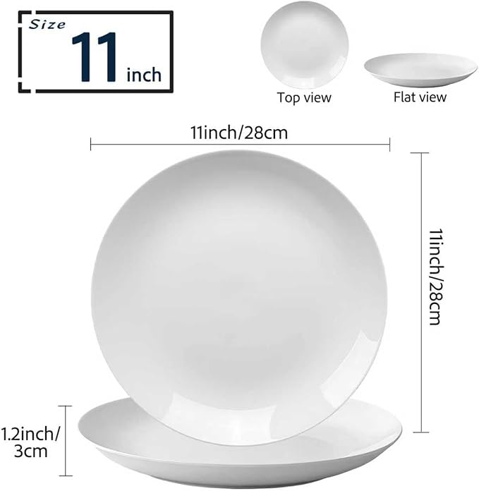White Dinner Plates Set of 6, 11 Inch Ceramic Plates – White Porcelain Dinner Plates for Kitchen, Serving & Everyday Use, Microwave & Dishwasher Safe