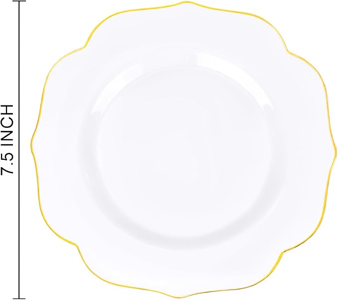 bUCLA 48Pieces Gold Plastic Dessert Plates Disposable - 7.5inch Premium Hard White with Gold Rim Plastic Salad/Appetizer/Small Cake Plate for Thanksgiving&Party