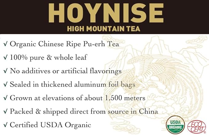 HOYNISE - Organic Pu erh Tea Loose Leaf - Chinese Yunnan Ancient Tree Puerh Tea - Fermented Ripe Puer Tea Loose Leaf - High Mountain Grown, 100g/3.5oz