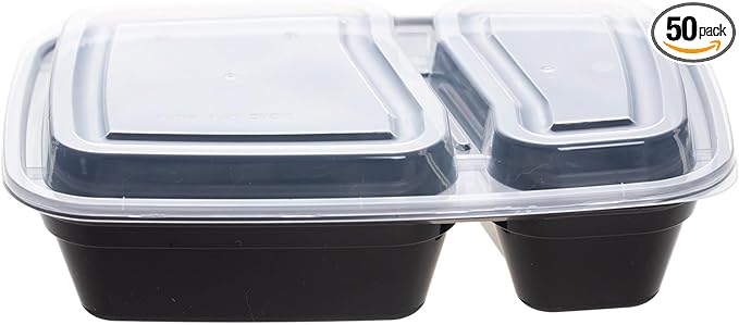 30oz Meal Prep Containers Bulk 50-Pack - 2-Compartment with Lids, Leakproof, Microwave/Freezer/Dishwasher Safe - Commercial Food Storage, Black