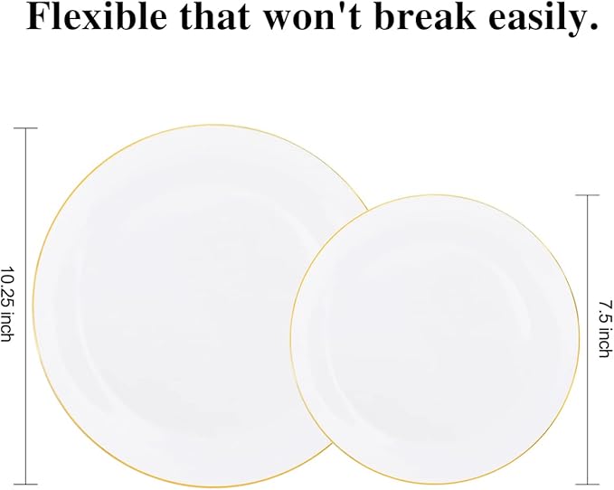 KIRE 100PCS Disposable Plates - White with Gold Rim Plastic Plates - Includes 50Pieces 10.25inch Dinner and 50Pieces 7.5inch Dessert/Salad Plate for Wedding/Spring Party/Graduation