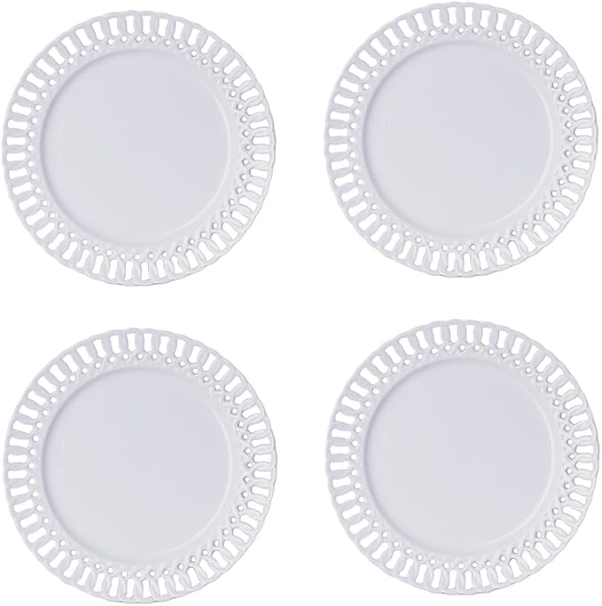 Aimusego Round Furit Salad Plate with Scalloped Edge Lace Rim, Set of 4, Ceramic Dessert Plates for Cake Snack Side Dish, Microwave and Dishwasher Safe, for Housewarming (White A,10'')