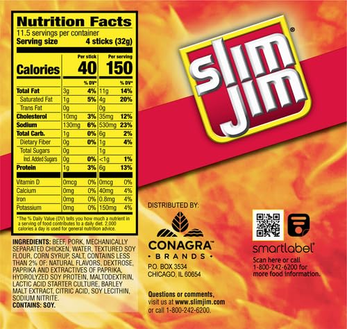 Slim Jim Smoked Meat Sticks,Original Flavor,6g Protein Per Serving,Snack Size,0.28 oz.,46 Count (Pack of 4)