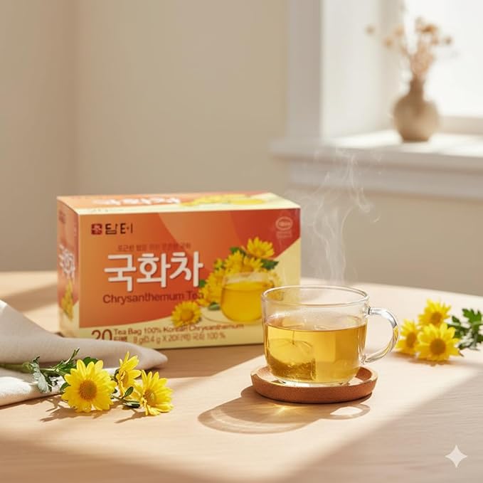 Damtuh Chrysanthemum Tea Bags, Korean Herbal Flower Tea, Caffeine-Free Soothing Floral Tea, 20 Tea Bags