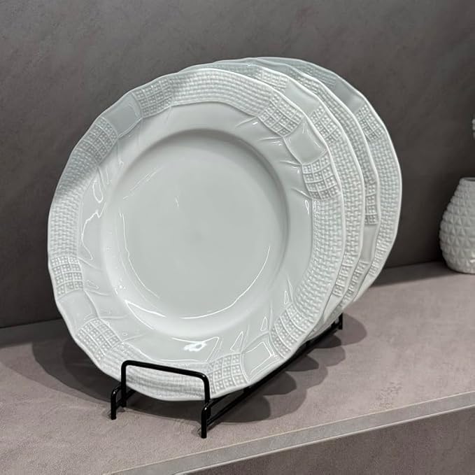 10 Inch Porcelain Dinner Plates Set of 4,Serving Dishes,White,Embossed,Heat Resistant,Scratch Resistant,Highly Glossy Glaze,Dishwasher safe,Microwave safe (Modern 10'')